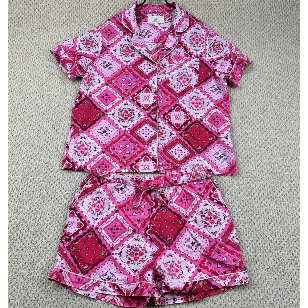 Print Fresh Pajama Set Womens Large Pink Floral Vintage Valentine Hankie Style
